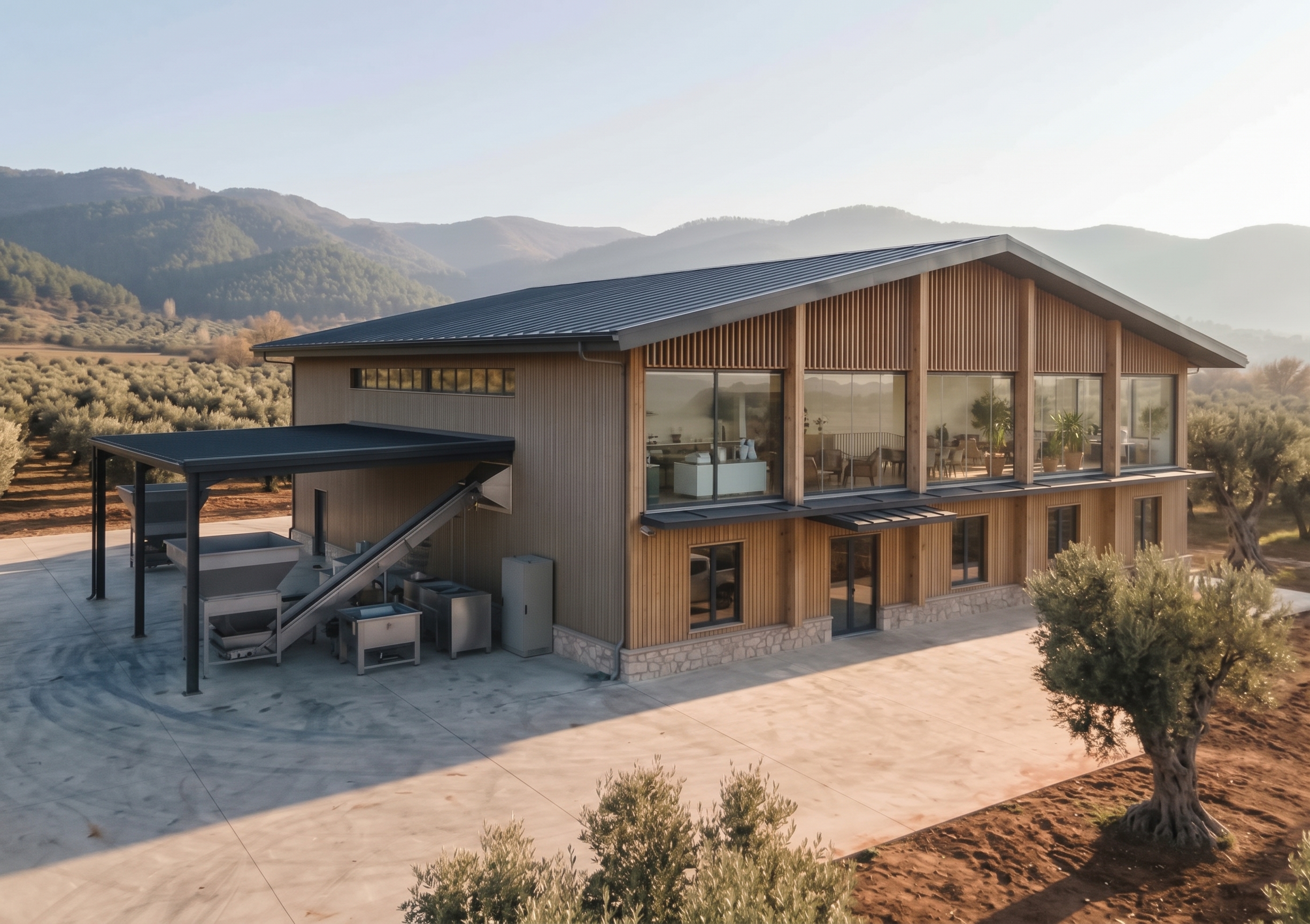 Visualisation of the planned Origino facility with its two-phase reception line and olive groves