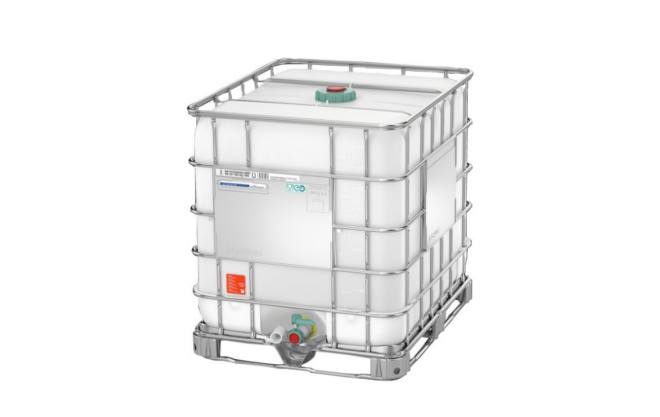 IBC tote: plastic tank in a steel cage on a pallet